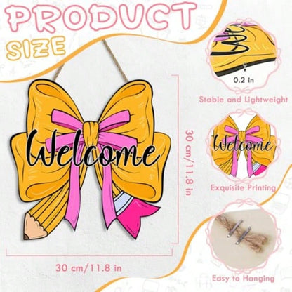 Back To School Welcome Door Sign For Classroom Decorations, Cute Pencil Bow Design First And Last Day Of School Welcome Wooden Wall Hanging Wreath Decor For School Classroom
