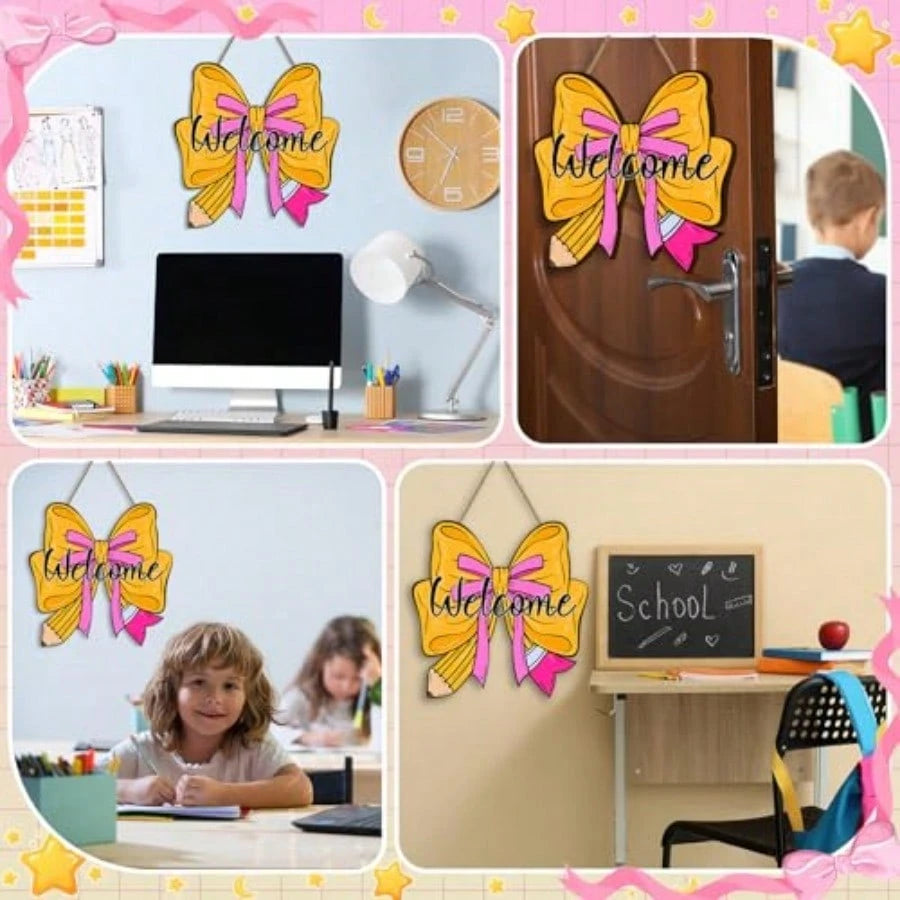 Back To School Welcome Door Sign For Classroom Decorations, Cute Pencil Bow Design First And Last Day Of School Welcome Wooden Wall Hanging Wreath Decor For School Classroom