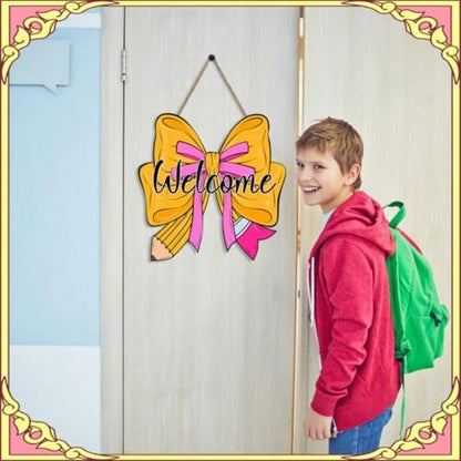 Back To School Welcome Door Sign For Classroom Decorations, Cute Pencil Bow Design First And Last Day Of School Welcome Wooden Wall Hanging Wreath Decor For School Classroom