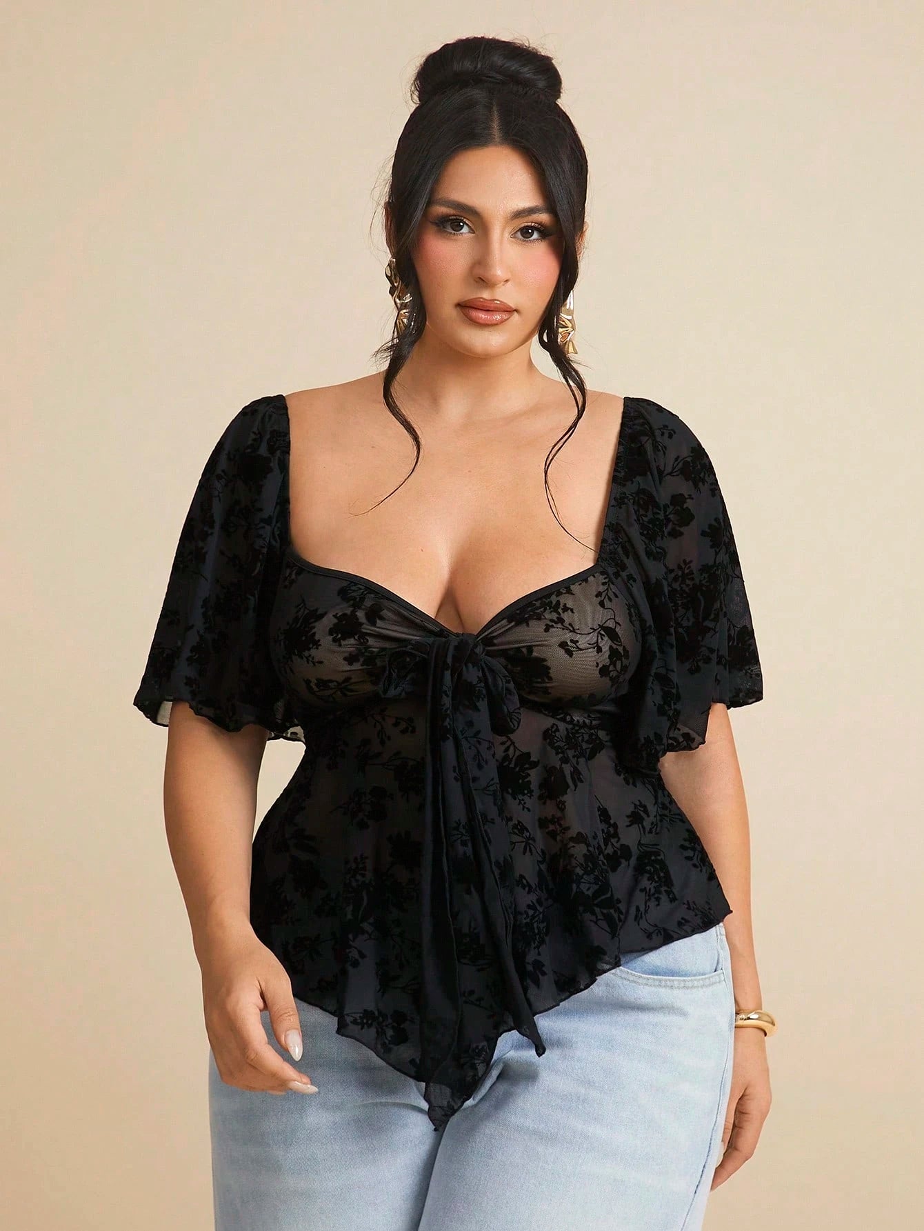 BAE Plus Size Gothic Square Neck Lace Ruffle Sleeve Tie Front Blouse,Black,Autumn,Elegant,Night Out Club Curvy Tops,Bow Decor,Summer Holiday Party Clothes