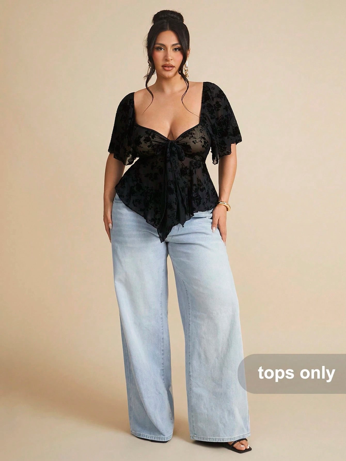 BAE Plus Size Gothic Square Neck Lace Ruffle Sleeve Tie Front Blouse,Black,Autumn,Elegant,Night Out Club Curvy Tops,Bow Decor,Summer Holiday Party Clothes