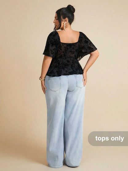 BAE Plus Size Gothic Square Neck Lace Ruffle Sleeve Tie Front Blouse,Black,Autumn,Elegant,Night Out Club Curvy Tops,Bow Decor,Summer Holiday Party Clothes
