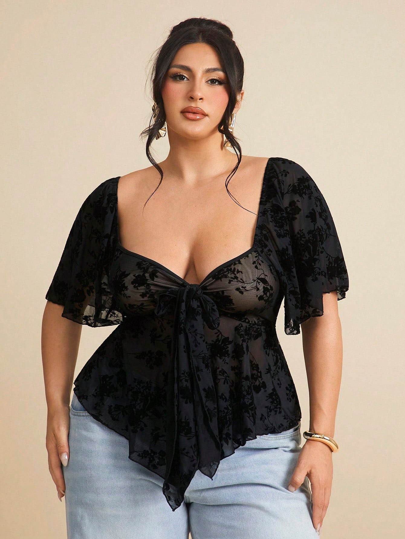 BAE Plus Size Gothic Square Neck Lace Ruffle Sleeve Tie Front Blouse,Black,Autumn,Elegant,Night Out Club Curvy Tops,Bow Decor,Summer Holiday Party Clothes
