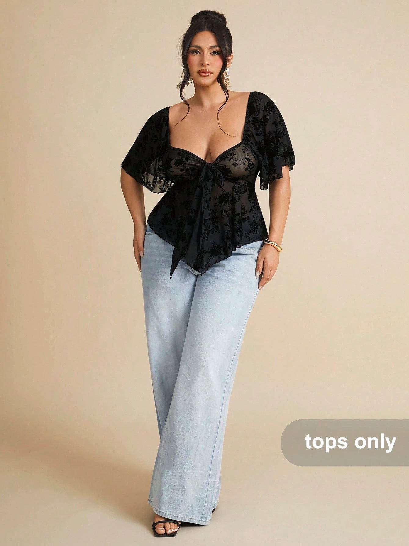BAE Plus Size Gothic Square Neck Lace Ruffle Sleeve Tie Front Blouse,Black,Autumn,Elegant,Night Out Club Curvy Tops,Bow Decor,Summer Holiday Party Clothes