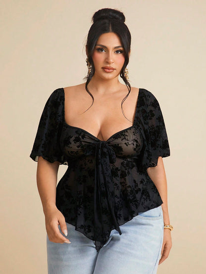 BAE Plus Size Gothic Square Neck Lace Ruffle Sleeve Tie Front Blouse,Black,Autumn,Elegant,Night Out Club Curvy Tops,Bow Decor,Summer Holiday Party Clothes