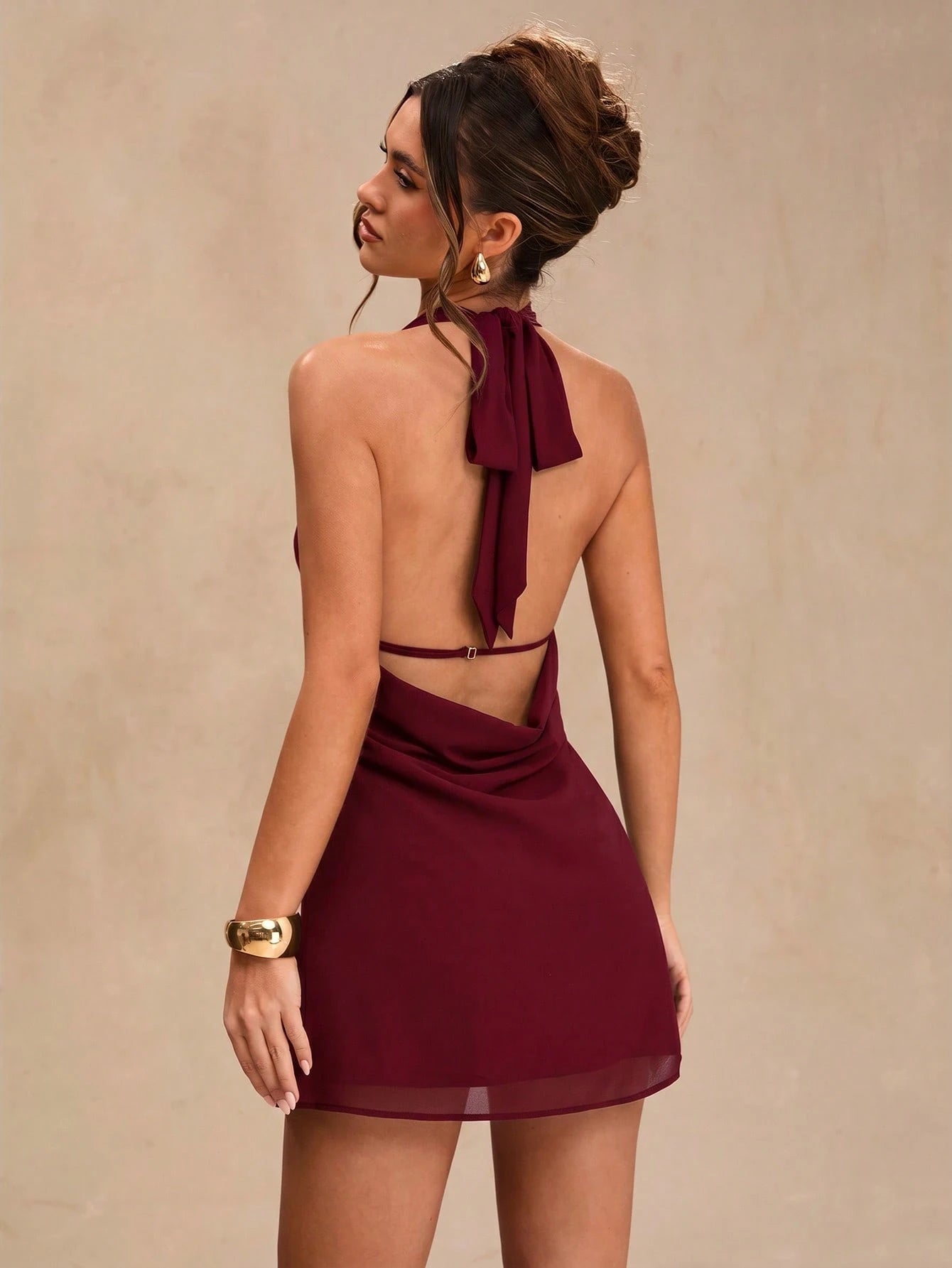 BAE Spring/Summer Solid Black Deep Draped Neck Halter Sexy Cowl Neck Backless Women's Chiffon Mini Dress