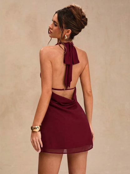 BAE Spring/Summer Solid Black Deep Draped Neck Halter Sexy Cowl Neck Backless Women's Chiffon Mini Dress