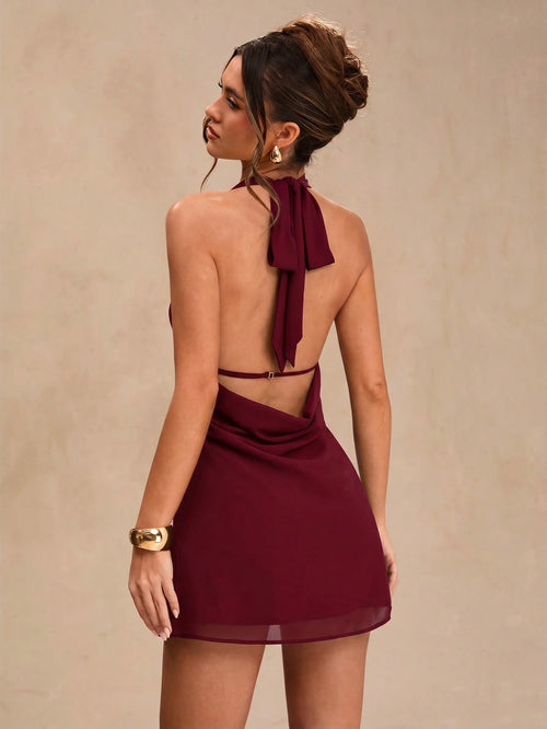 BAE Spring/Summer Solid Black Deep Draped Neck Halter Sexy Cowl Neck Backless Women's Chiffon Mini Dress