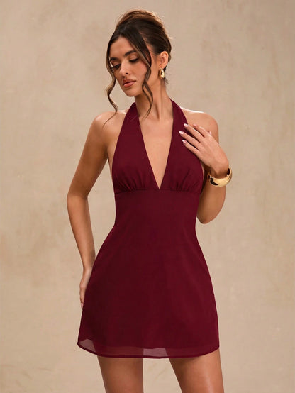 BAE Spring/Summer Solid Black Deep Draped Neck Halter Sexy Cowl Neck Backless Women's Chiffon Mini Dress