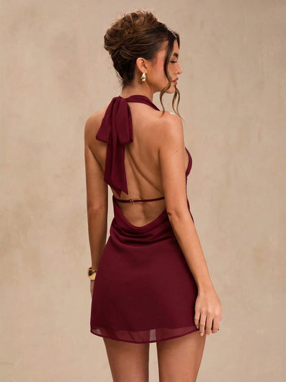 BAE Spring/Summer Solid Black Deep Draped Neck Halter Sexy Cowl Neck Backless Women's Chiffon Mini Dress