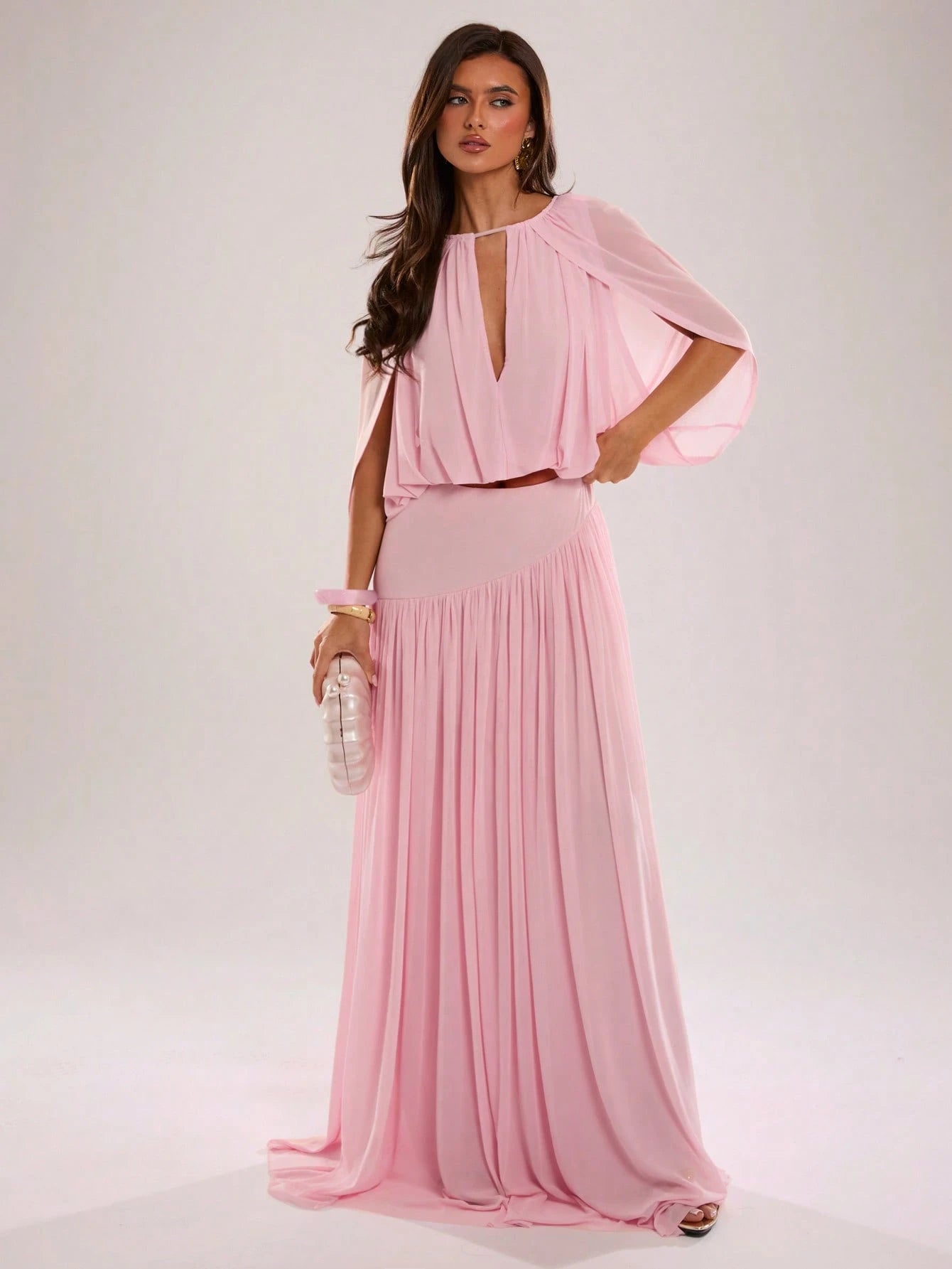 BAE Spring/Summer Women's Solid Pink Casual Vacation Woven A-Line Gathered Long Skirt, Pink Mesh Skirt, Suitable For Beach Vacation, Beach Holiday, Sister Casual Vacation, Romantic Date, Sister
