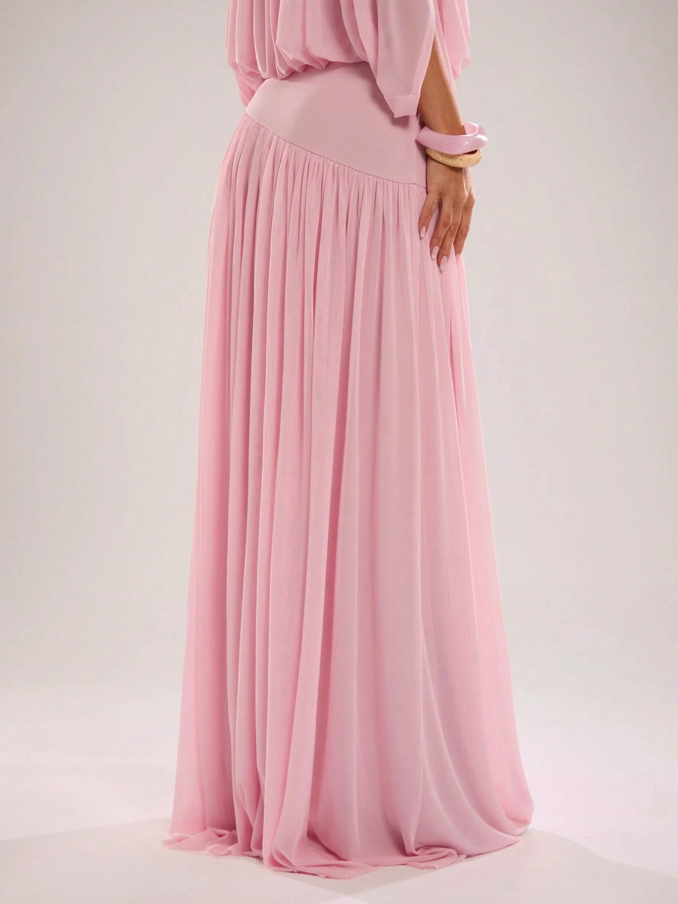 BAE Spring/Summer Women's Solid Pink Casual Vacation Woven A-Line Gathered Long Skirt, Pink Mesh Skirt, Suitable For Beach Vacation, Beach Holiday, Sister Casual Vacation, Romantic Date, Sister