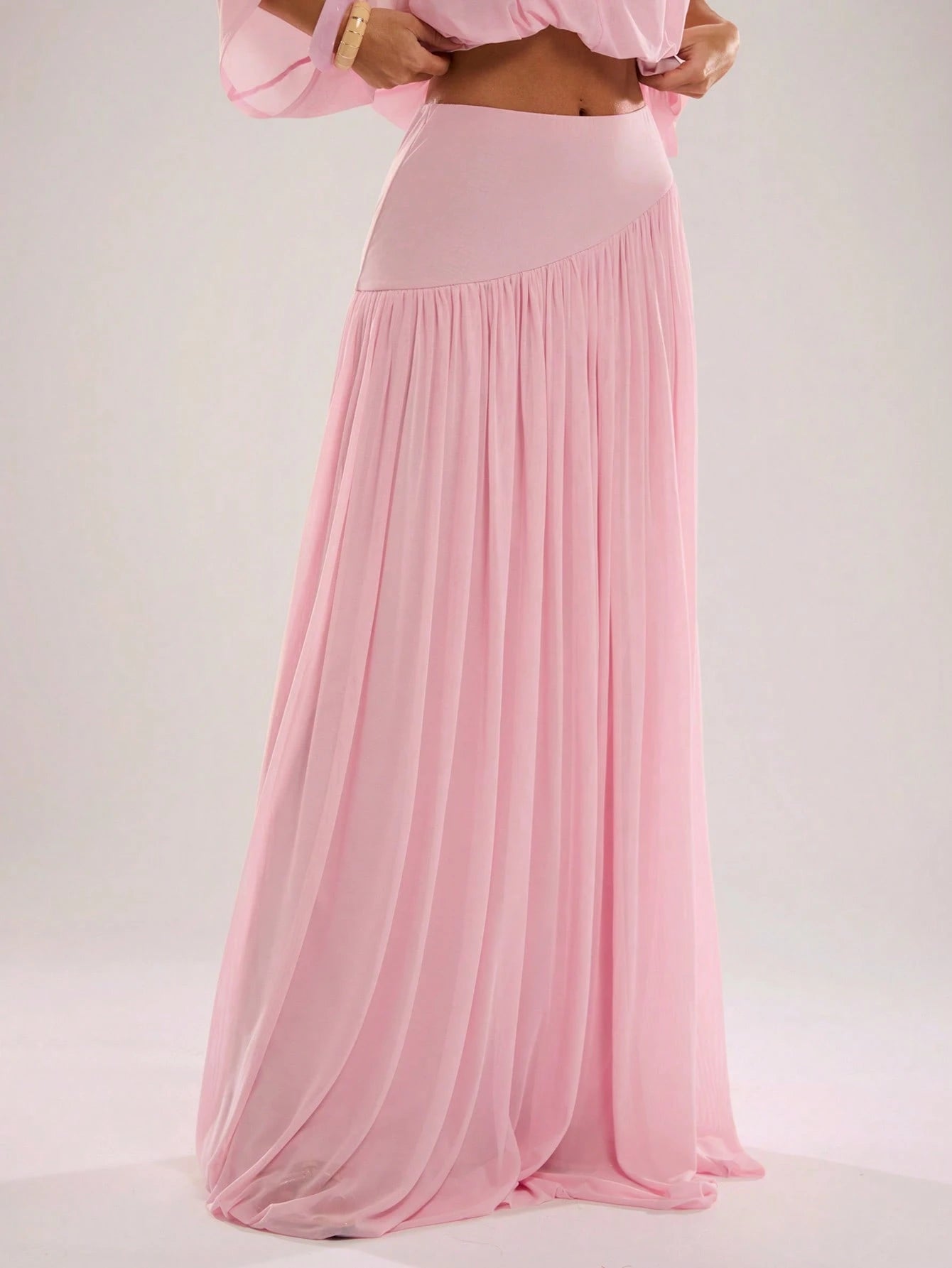 BAE Spring/Summer Women's Solid Pink Casual Vacation Woven A-Line Gathered Long Skirt, Pink Mesh Skirt, Suitable For Beach Vacation, Beach Holiday, Sister Casual Vacation, Romantic Date, Sister