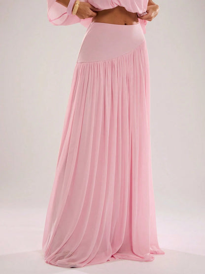 BAE Spring/Summer Women's Solid Pink Casual Vacation Woven A-Line Gathered Long Skirt, Pink Mesh Skirt, Suitable For Beach Vacation, Beach Holiday, Sister Casual Vacation, Romantic Date, Sister