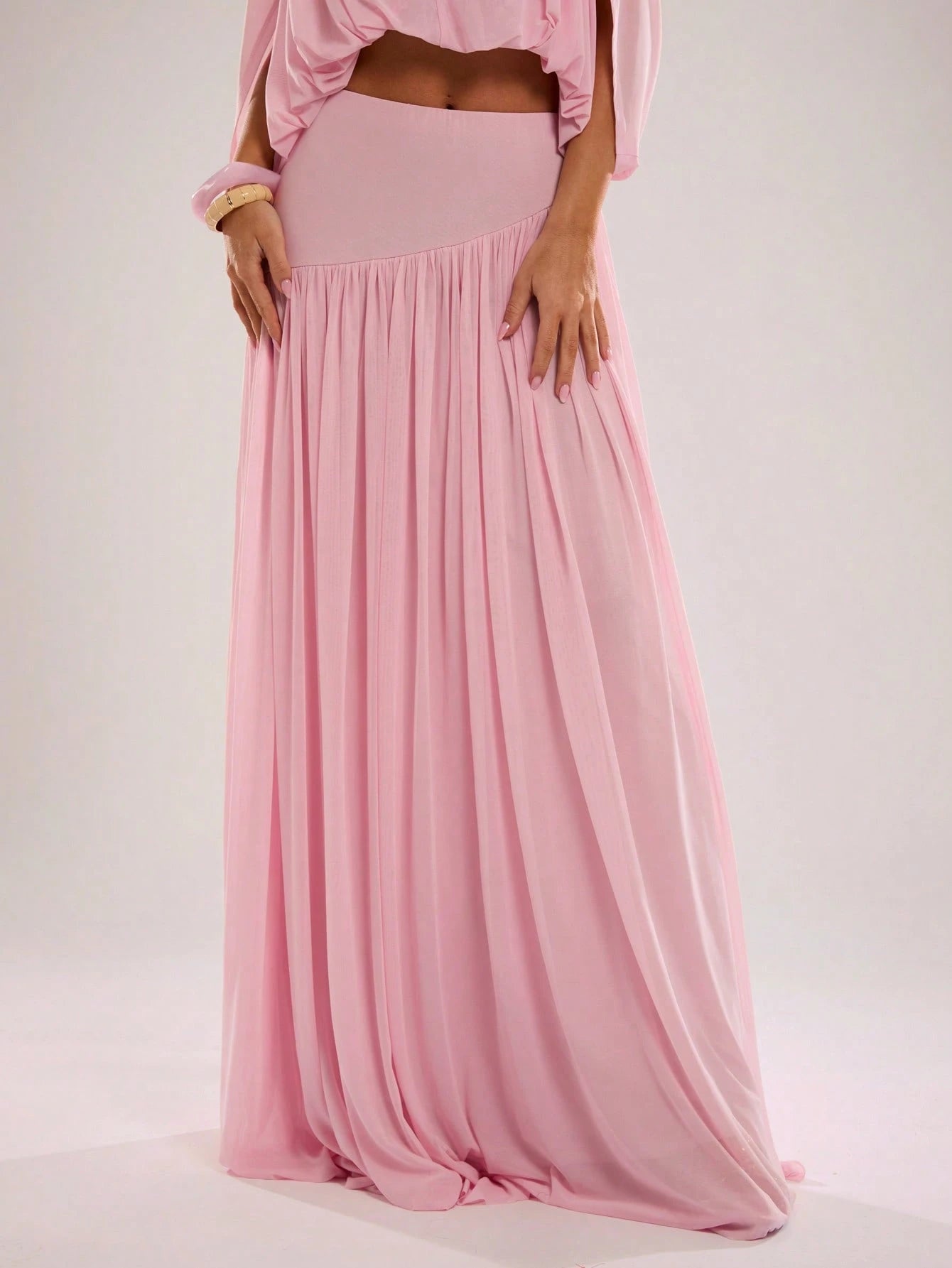 BAE Spring/Summer Women's Solid Pink Casual Vacation Woven A-Line Gathered Long Skirt, Pink Mesh Skirt, Suitable For Beach Vacation, Beach Holiday, Sister Casual Vacation, Romantic Date, Sister