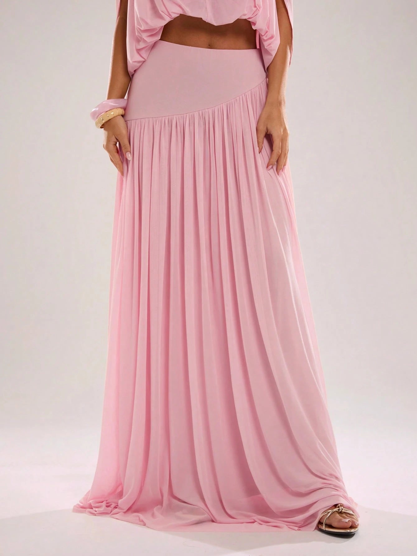 BAE Spring/Summer Women's Solid Pink Casual Vacation Woven A-Line Gathered Long Skirt, Pink Mesh Skirt, Suitable For Beach Vacation, Beach Holiday, Sister Casual Vacation, Romantic Date, Sister