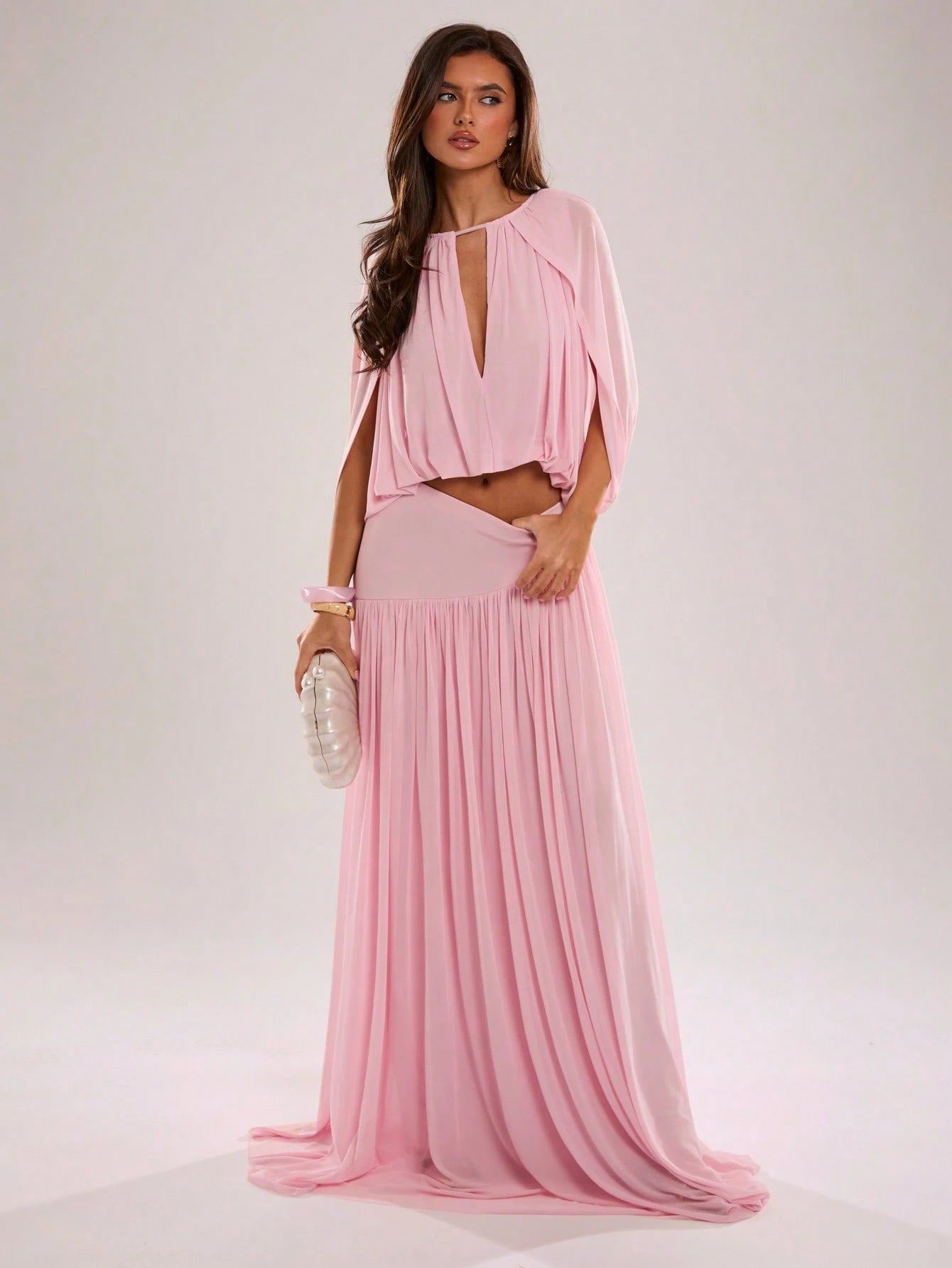 BAE Spring/Summer Women's Solid Pink Casual Vacation Woven A-Line Gathered Long Skirt, Pink Mesh Skirt, Suitable For Beach Vacation, Beach Holiday, Sister Casual Vacation, Romantic Date, Sister