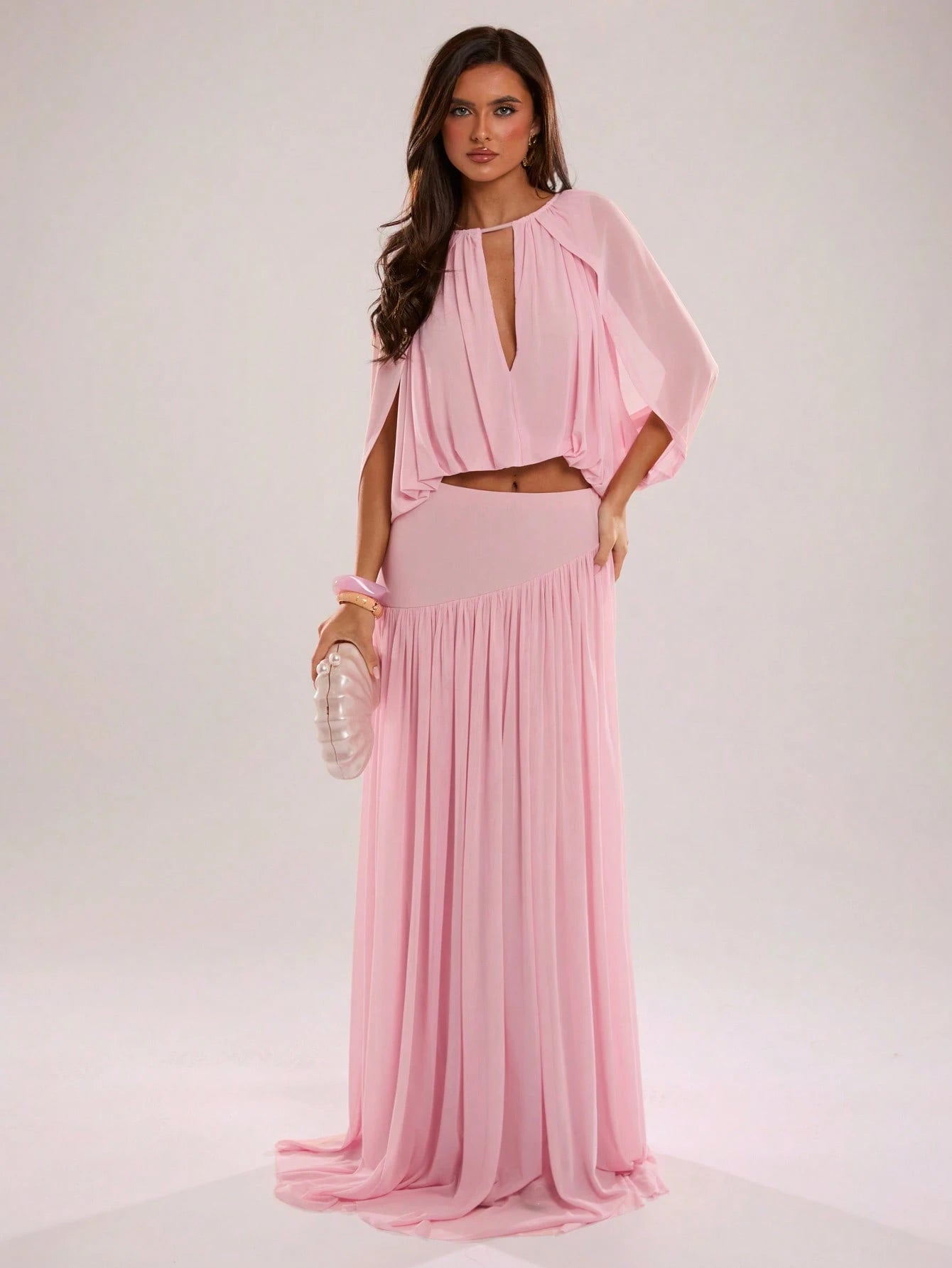 BAE Spring/Summer Women's Solid Pink Casual Vacation Woven A-Line Gathered Long Skirt, Pink Mesh Skirt, Suitable For Beach Vacation, Beach Holiday, Sister Casual Vacation, Romantic Date, Sister