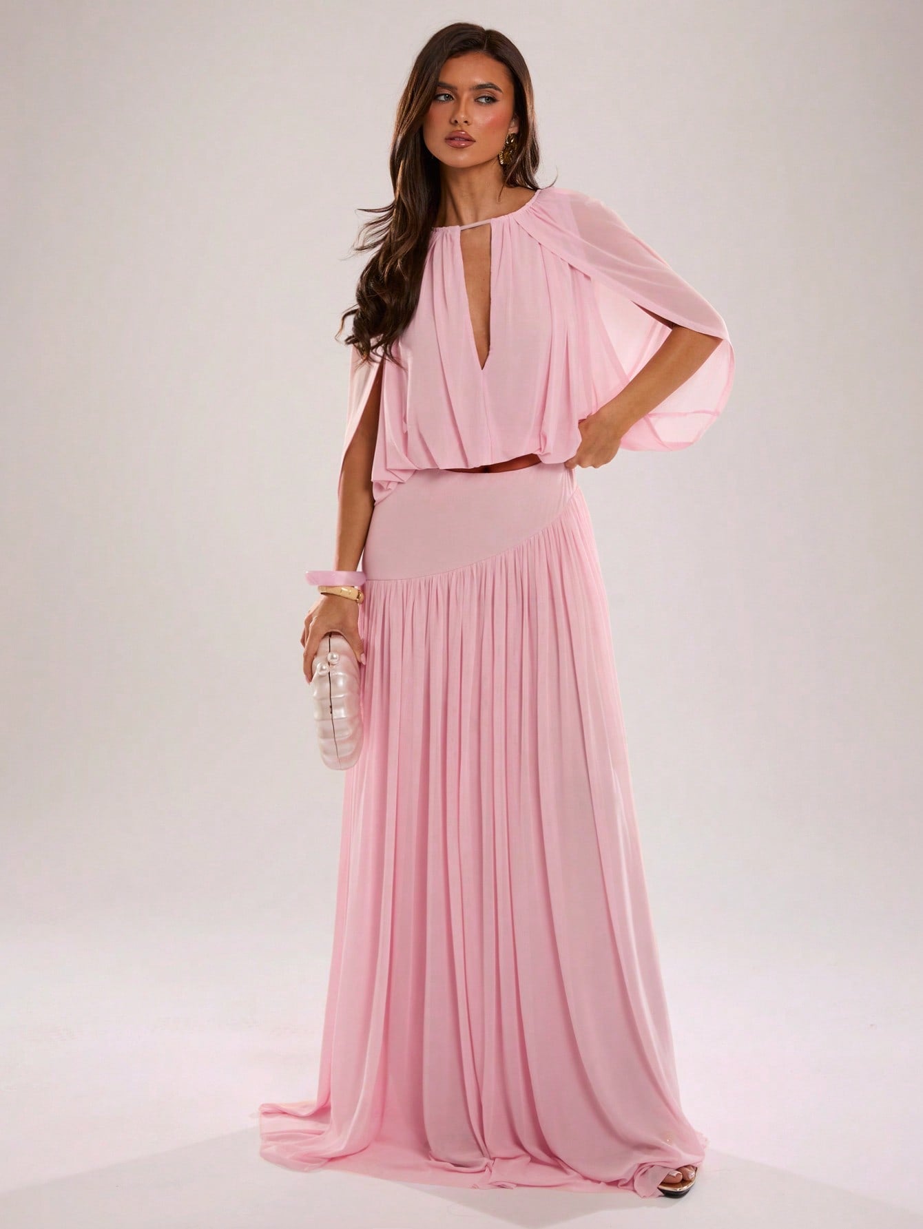 BAE Spring/Summer Women's Solid Pink Casual Vacation Woven A-Line Gathered Long Skirt, Pink Mesh Skirt, Suitable For Beach Vacation, Beach Holiday, Sister Casual Vacation, Romantic Date, Sister