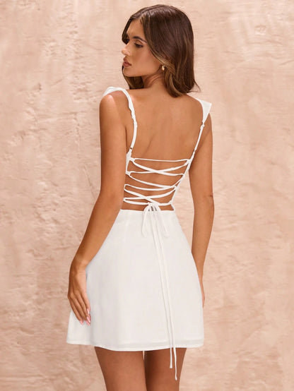 BAE White Chiffon Backless Tied Mini Dress, Lightweight Tight Fit Solid White Dress For Women, Spring/Summer