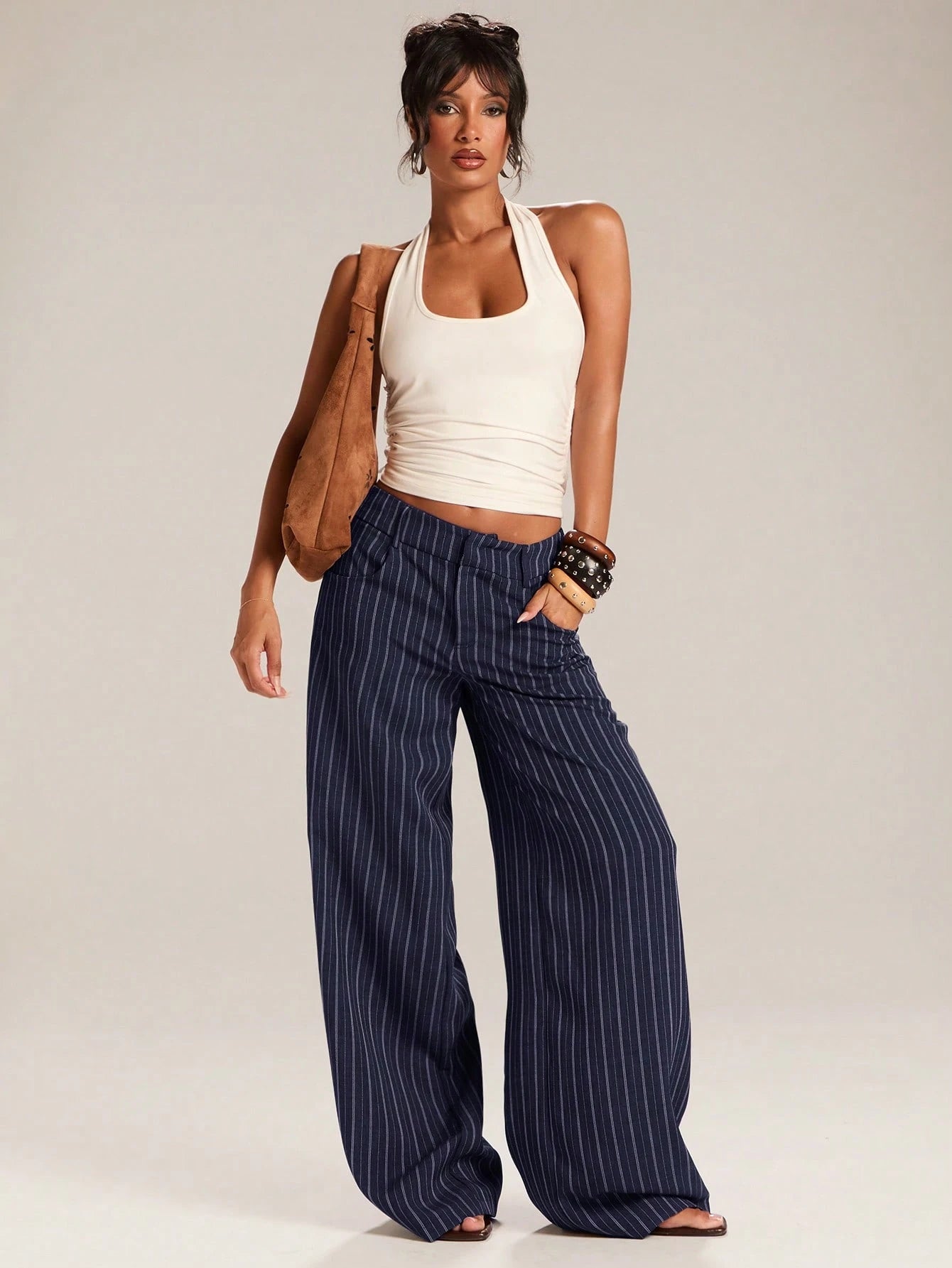 BAE Women's Casual Business Casual Commuter Office Navy Blue And White Wide Leg Long Pants Autumn