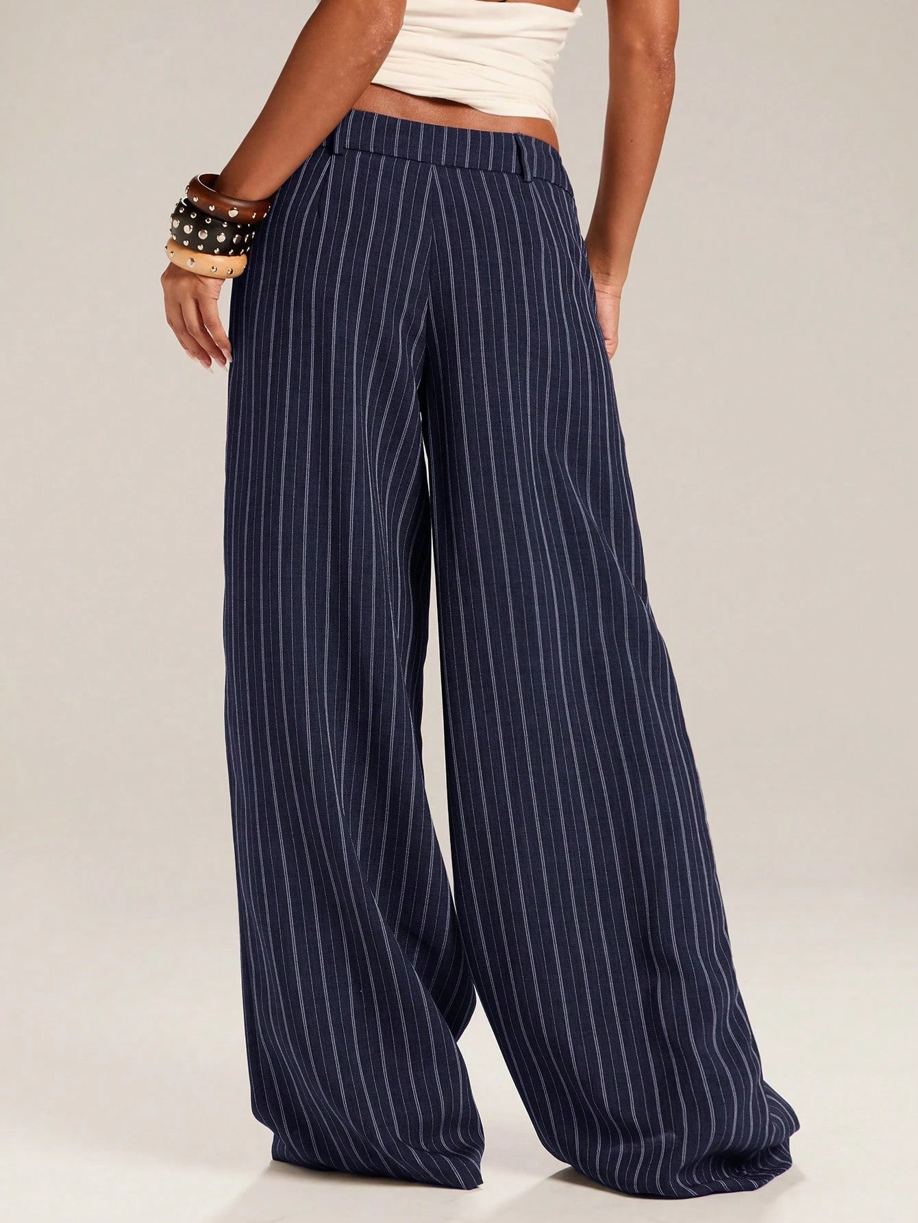 BAE Women's Casual Business Casual Commuter Office Navy Blue And White Wide Leg Long Pants Autumn