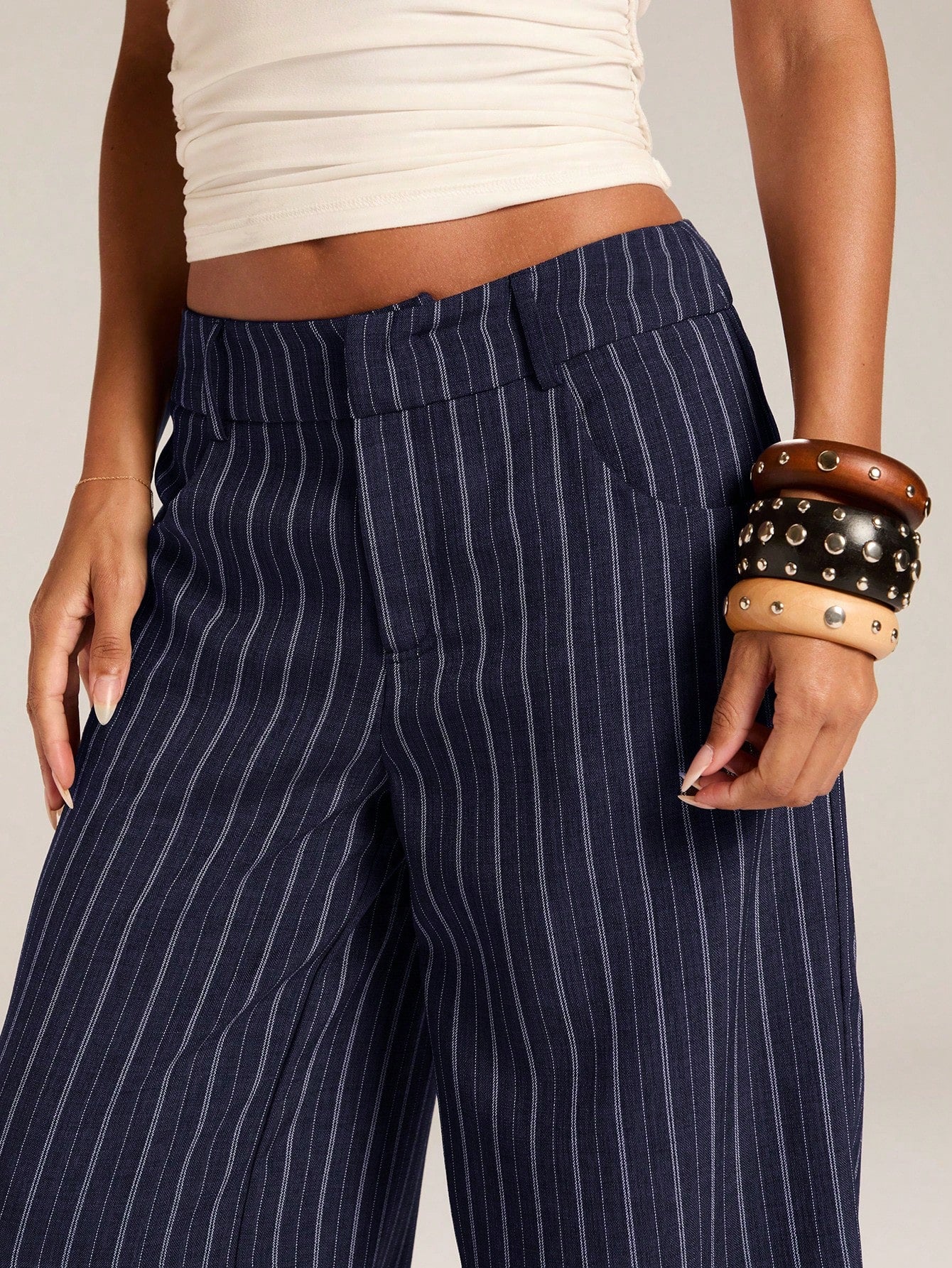 BAE Women's Casual Business Casual Commuter Office Navy Blue And White Wide Leg Long Pants Autumn