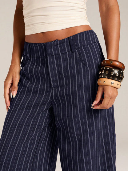 BAE Women's Casual Business Casual Commuter Office Navy Blue And White Wide Leg Long Pants Autumn