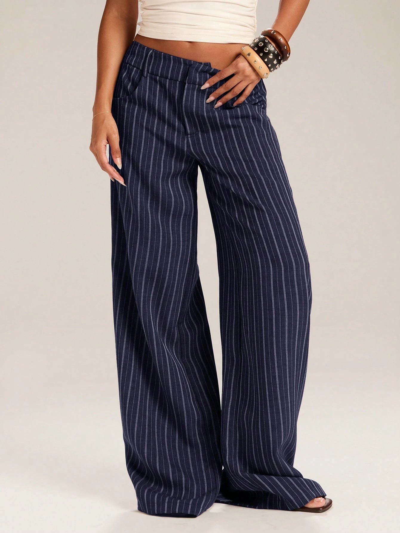 BAE Women's Casual Business Casual Commuter Office Navy Blue And White Wide Leg Long Pants Autumn