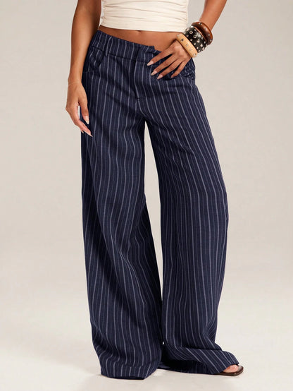 BAE Women's Casual Business Casual Commuter Office Navy Blue And White Wide Leg Long Pants Autumn