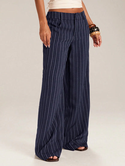 BAE Women's Casual Business Casual Commuter Office Navy Blue And White Wide Leg Long Pants Autumn