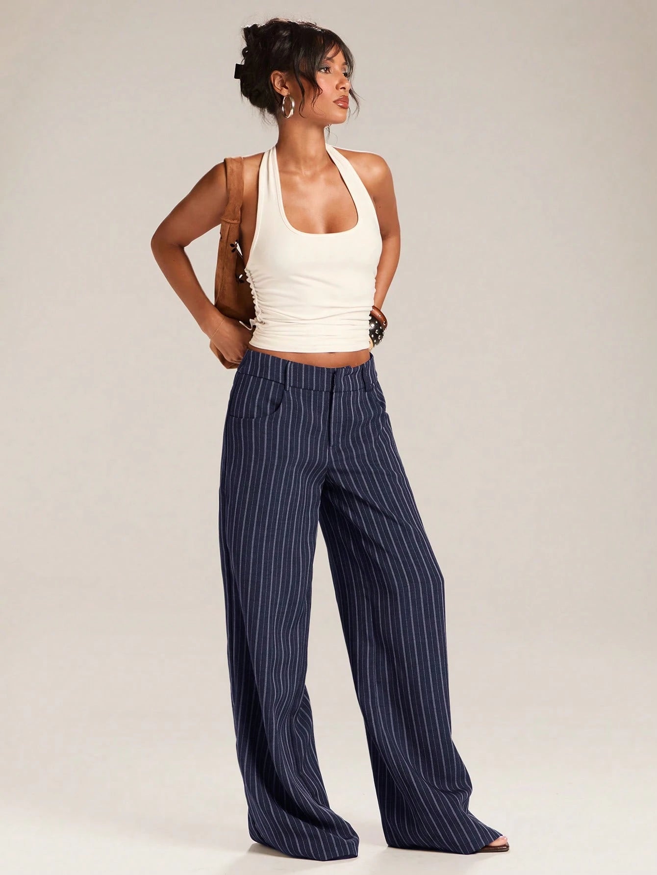 BAE Women's Casual Business Casual Commuter Office Navy Blue And White Wide Leg Long Pants Autumn