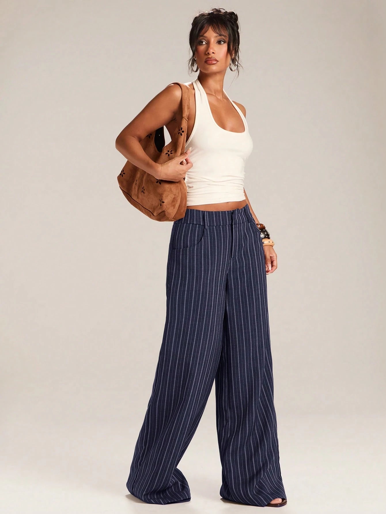 BAE Women's Casual Business Casual Commuter Office Navy Blue And White Wide Leg Long Pants Autumn