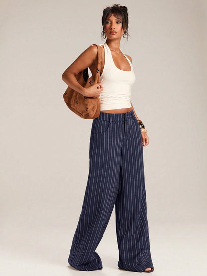 BAE Women's Casual Business Casual Commuter Office Navy Blue And White Wide Leg Long Pants Autumn