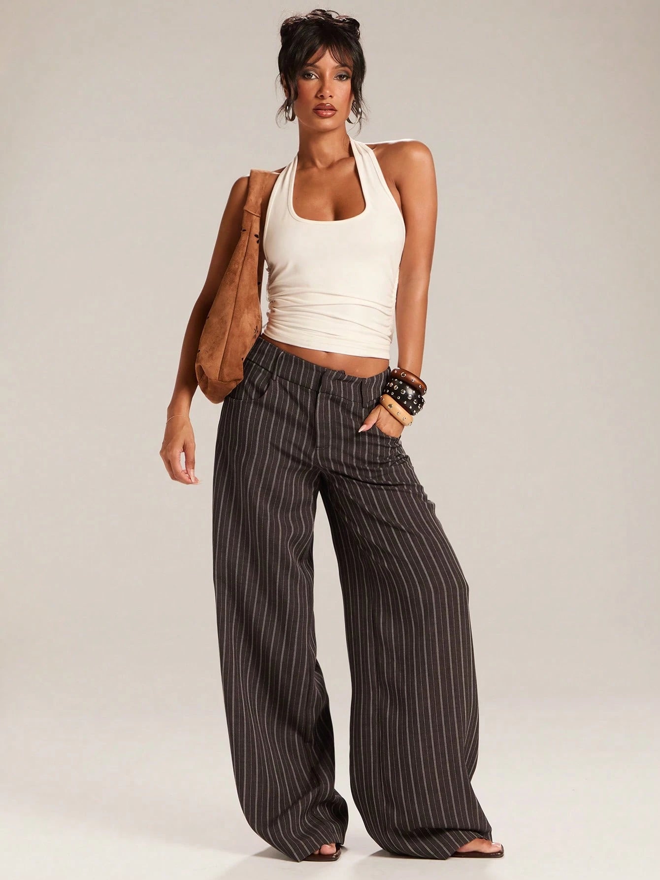 BAE Women's Casual Business Casual Commuter Office Navy Blue And White Wide Leg Long Pants Autumn