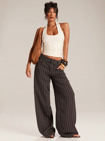 BAE Women's Casual Business Casual Commuter Office Navy Blue And White Wide Leg Long Pants Autumn