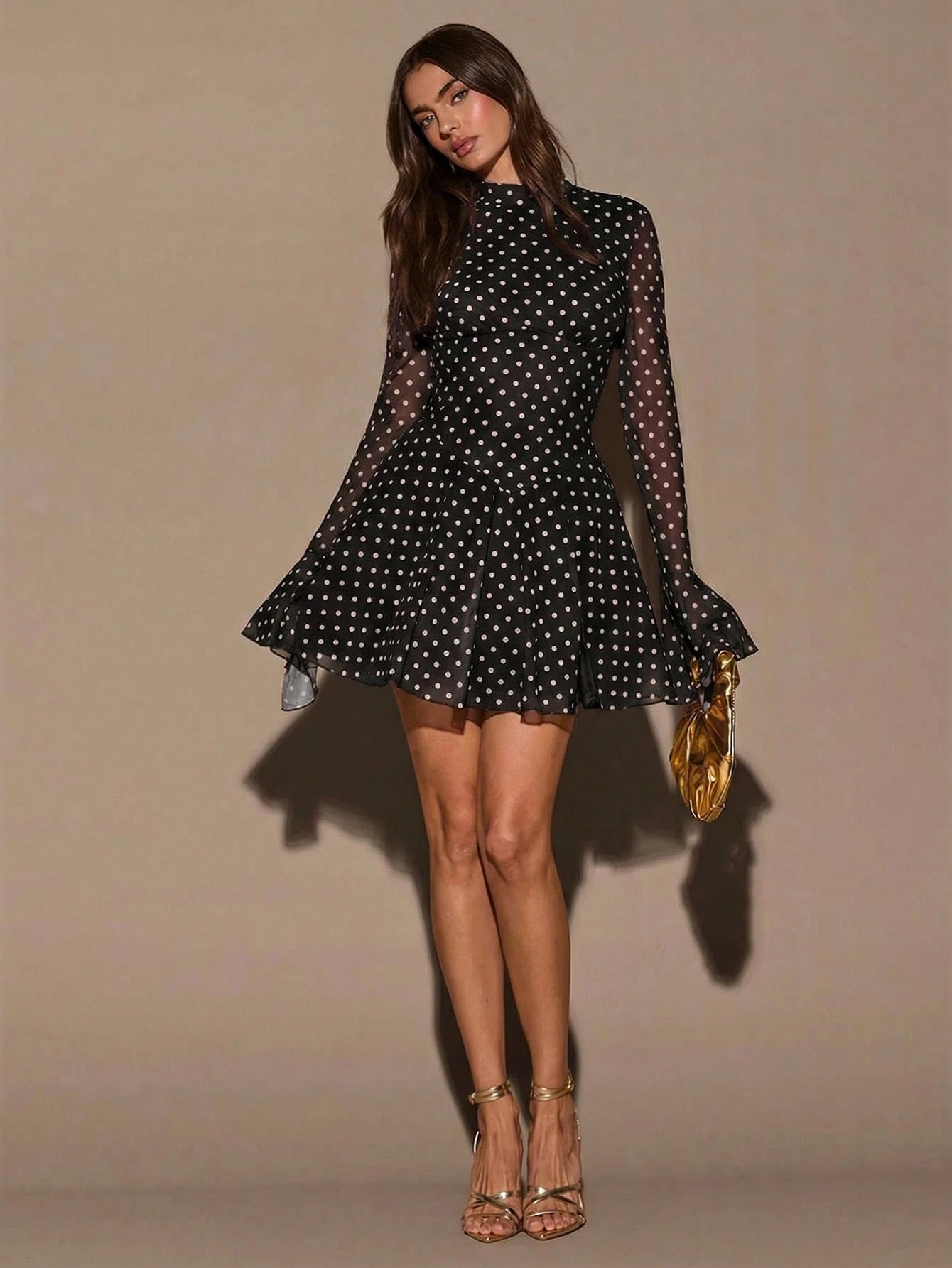 BAE Women's Fashionable Polka Dot Print Flare Sleeve Mini Dress,Black Dress For Women