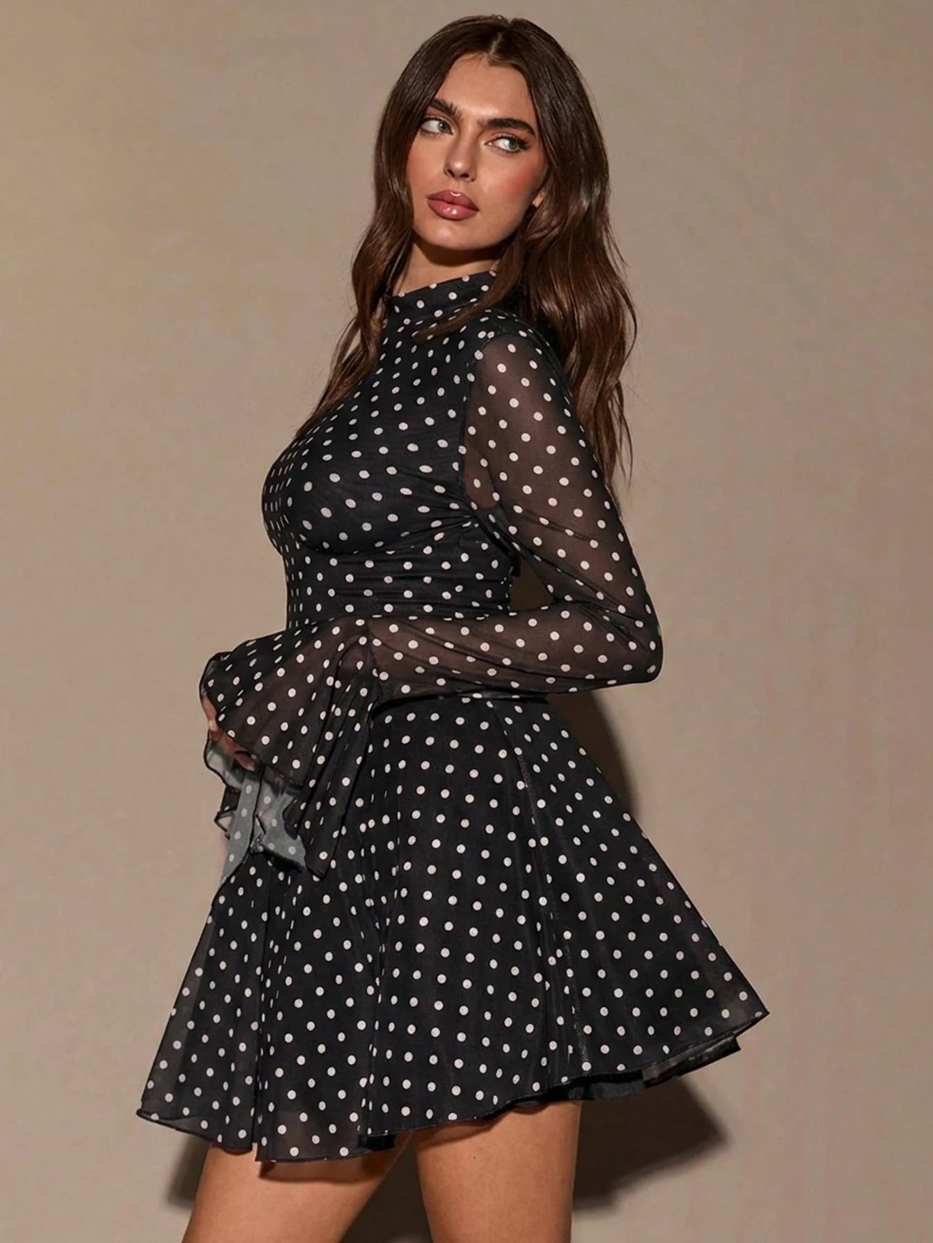 BAE Women's Fashionable Polka Dot Print Flare Sleeve Mini Dress,Black Dress For Women