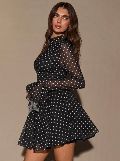 BAE Women's Fashionable Polka Dot Print Flare Sleeve Mini Dress,Black Dress For Women