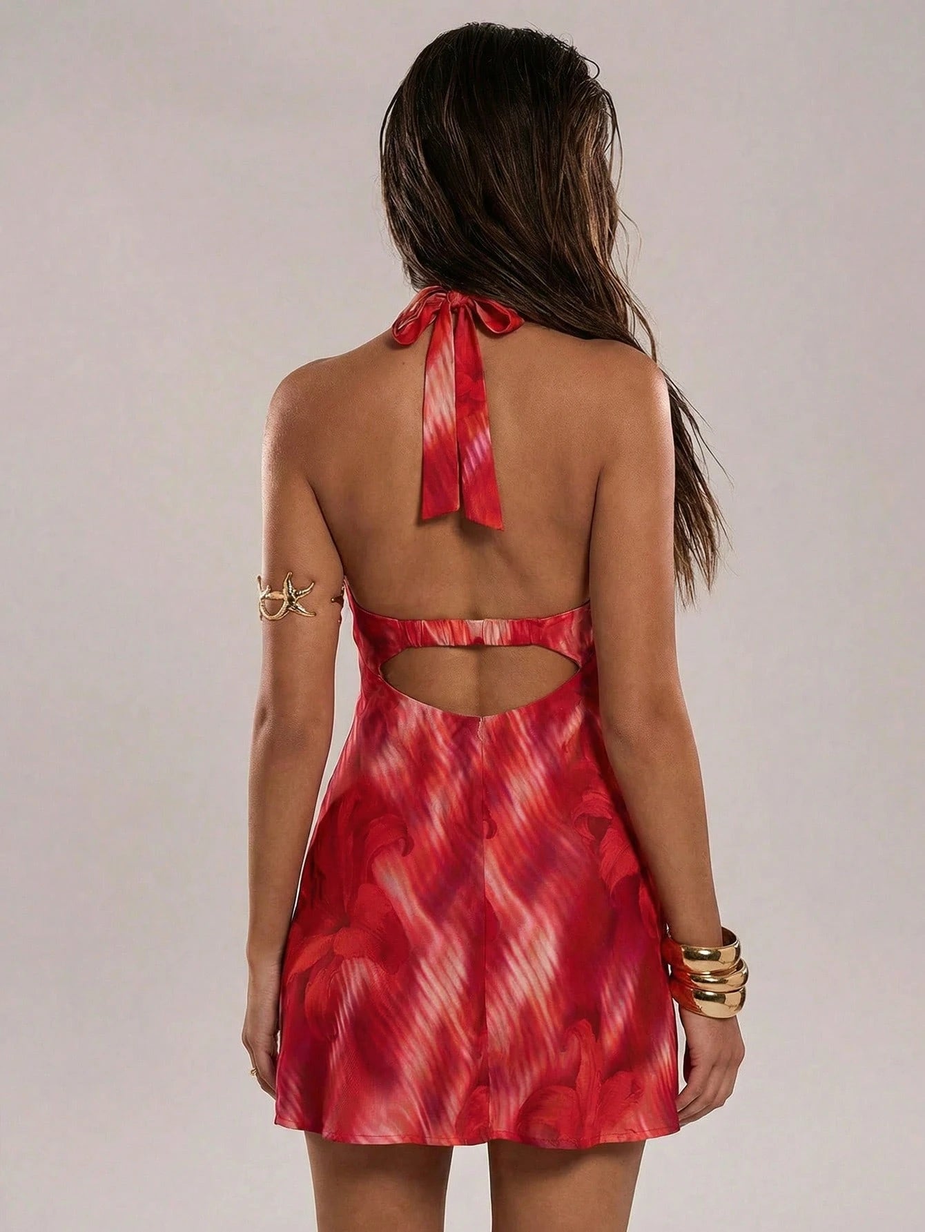 BAE Women's Red Orange Summer Boho Sexy Sequin Holiday Vacation Animal Print Floral Halter Metal Decor Backless Chiffon Mini Dress Y2K Beach Club Rave
