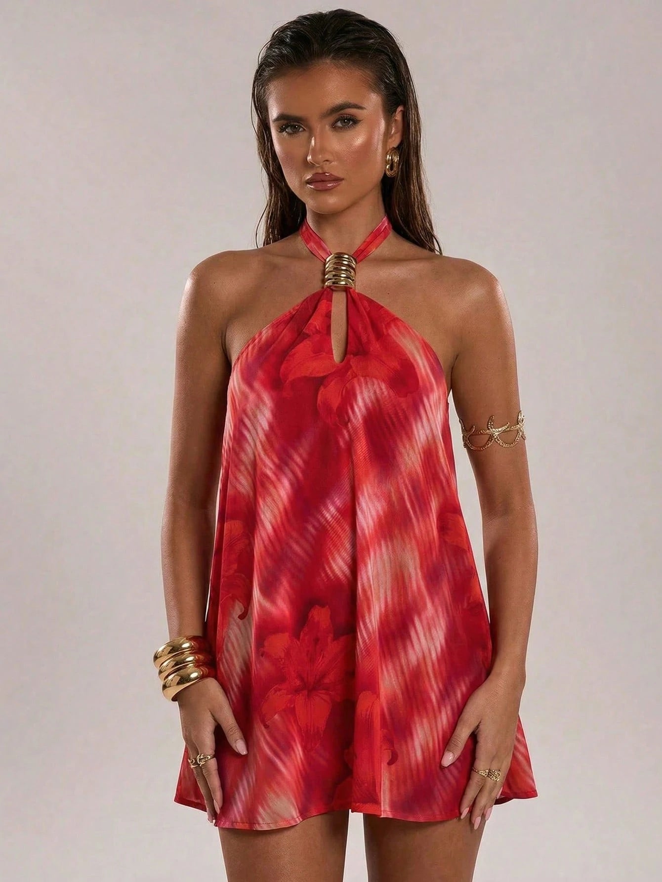 BAE Women's Red Orange Summer Boho Sexy Sequin Holiday Vacation Animal Print Floral Halter Metal Decor Backless Chiffon Mini Dress Y2K Beach Club Rave