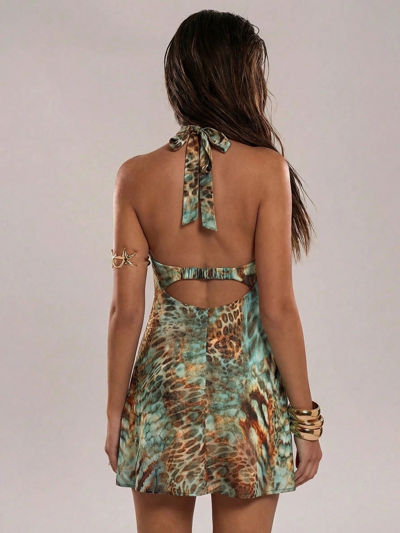 BAE Women's Red Orange Summer Boho Sexy Sequin Holiday Vacation Animal Print Floral Halter Metal Decor Backless Chiffon Mini Dress Y2K Beach Club Rave