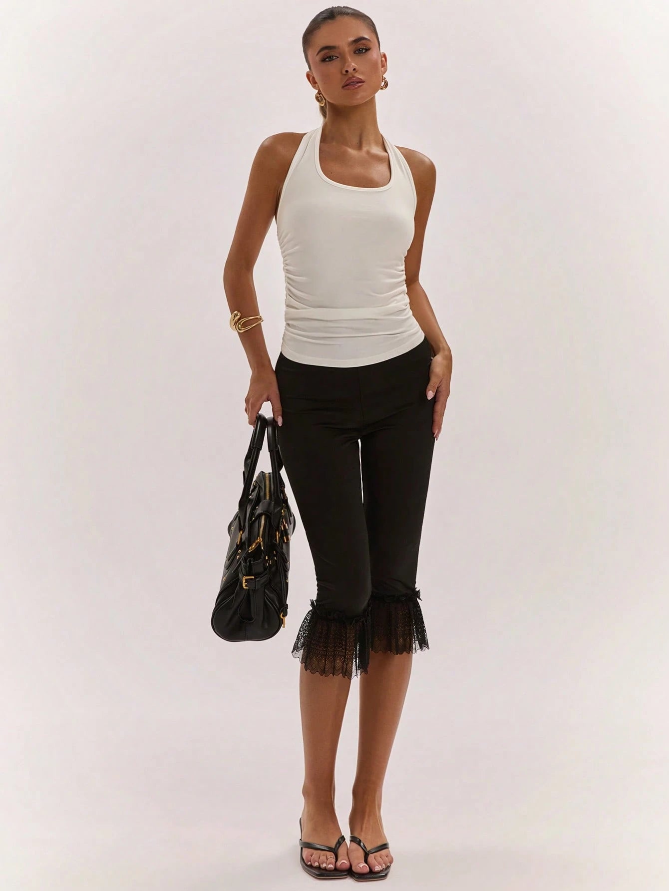 BAE Women's Solid Color Lace Patchwork Slim Fit Fashionable Summer Pants/Work Outfits For Women/Black Pants
