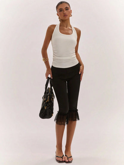 BAE Women's Solid Color Lace Patchwork Slim Fit Fashionable Summer Pants/Work Outfits For Women/Black Pants