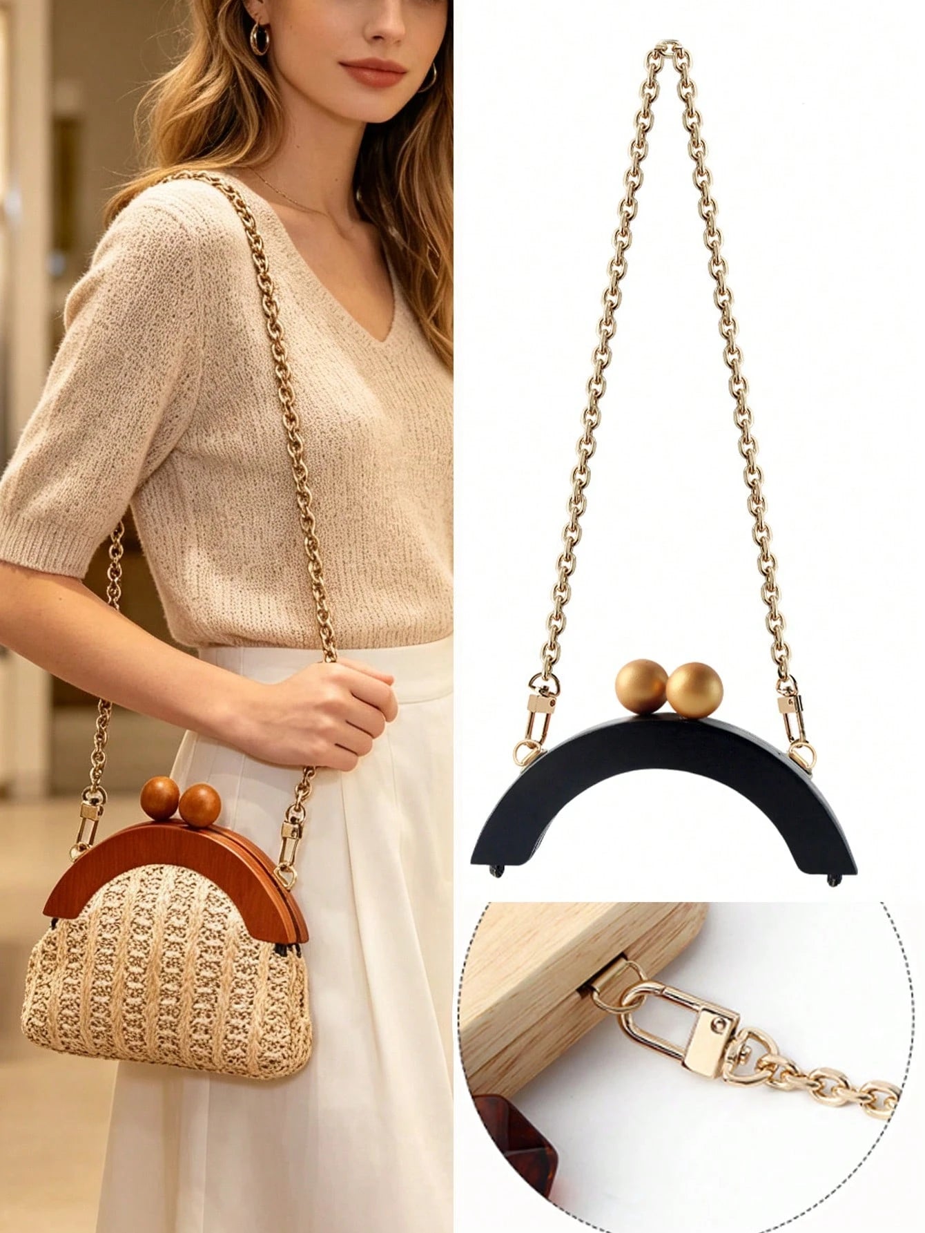 Bag DIY Accessories, Semi-Circular Handle DIY Handmade, Detachable Bag DIY Chain, Vintage Beaded Bag Shoulder Strap, Bag Making Materials, Bag Accessories, Handbag Accessories, Medium Density Fiberboa