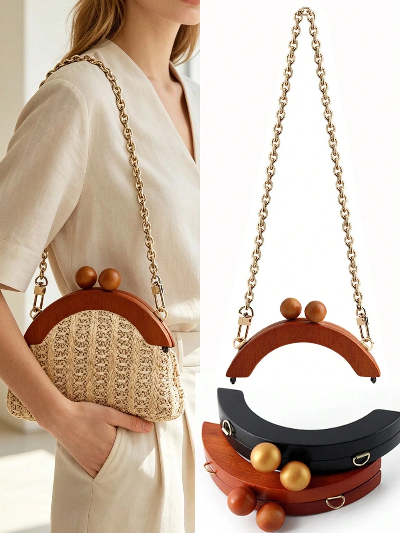 Bag DIY Accessories, Semi-Circular Handle DIY Handmade, Detachable Bag DIY Chain, Vintage Beaded Bag Shoulder Strap, Bag Making Materials, Bag Accessories, Handbag Accessories, Medium Density Fiberboa