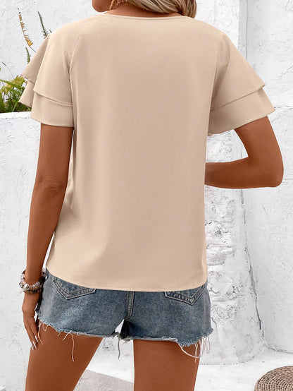 Balvessa Women's Solid Color Raglan Sleeve Ruffled Casual Blouse