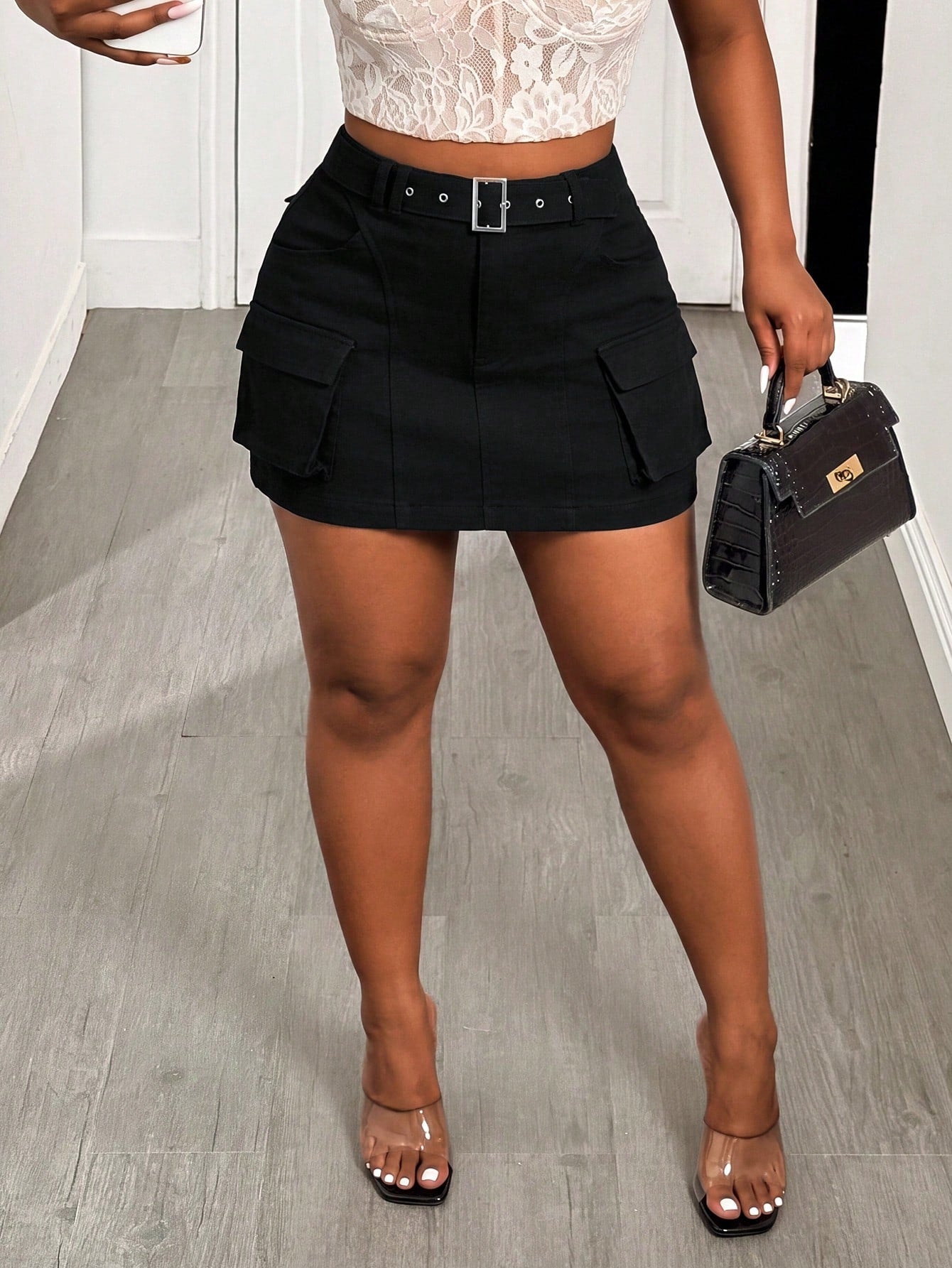 BamGleam Ladies' Solid Color Belted Skirt With Pocket Design, Summer