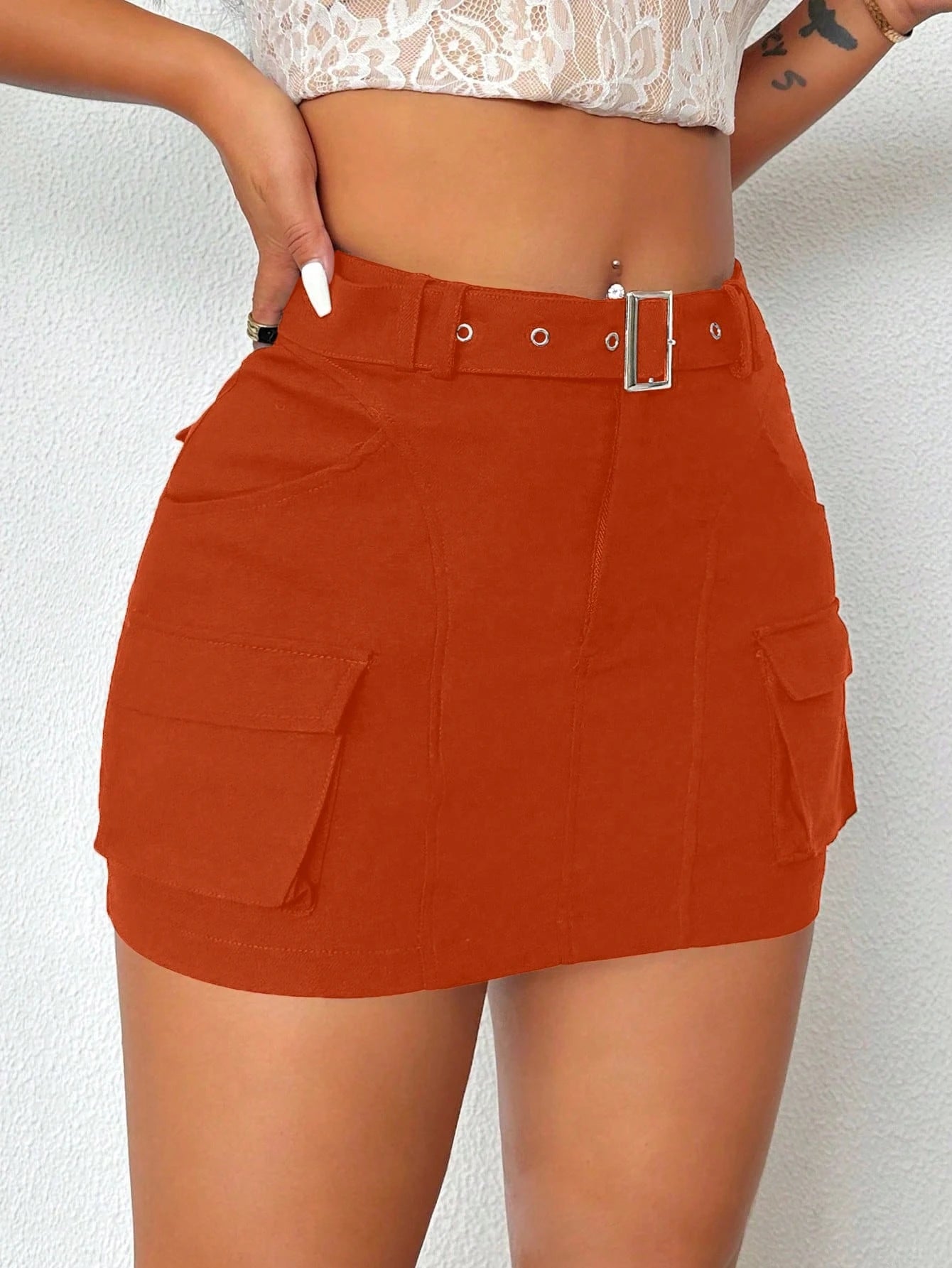BamGleam Ladies' Solid Color Belted Skirt With Pocket Design, Summer