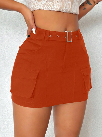 BamGleam Ladies' Solid Color Belted Skirt With Pocket Design, Summer